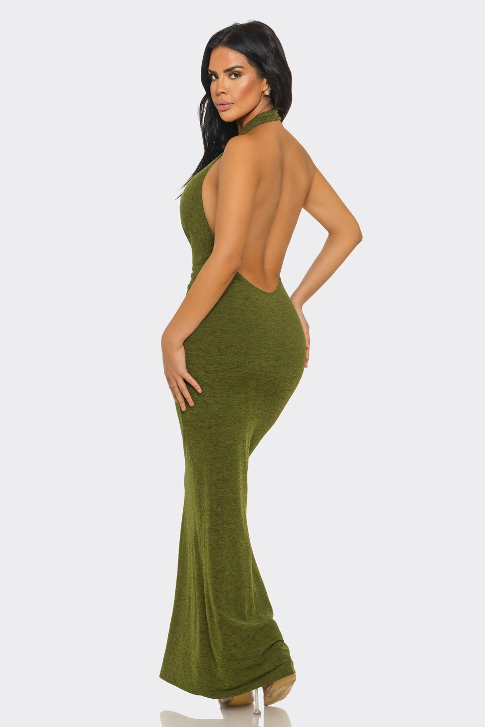 Halter-neck, Ruched & Backless Slit Maxi Dress