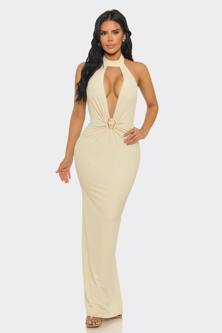 Halter-neck, Ruched & Backless Slit Maxi Dress