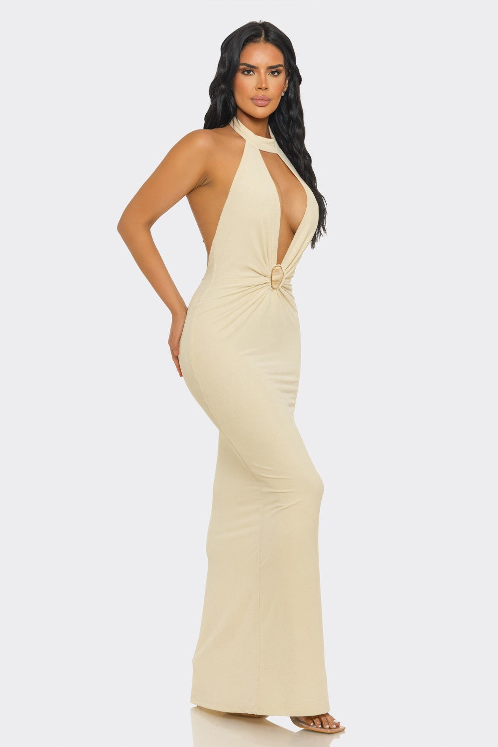 Halter-neck, Ruched & Backless Slit Maxi Dress