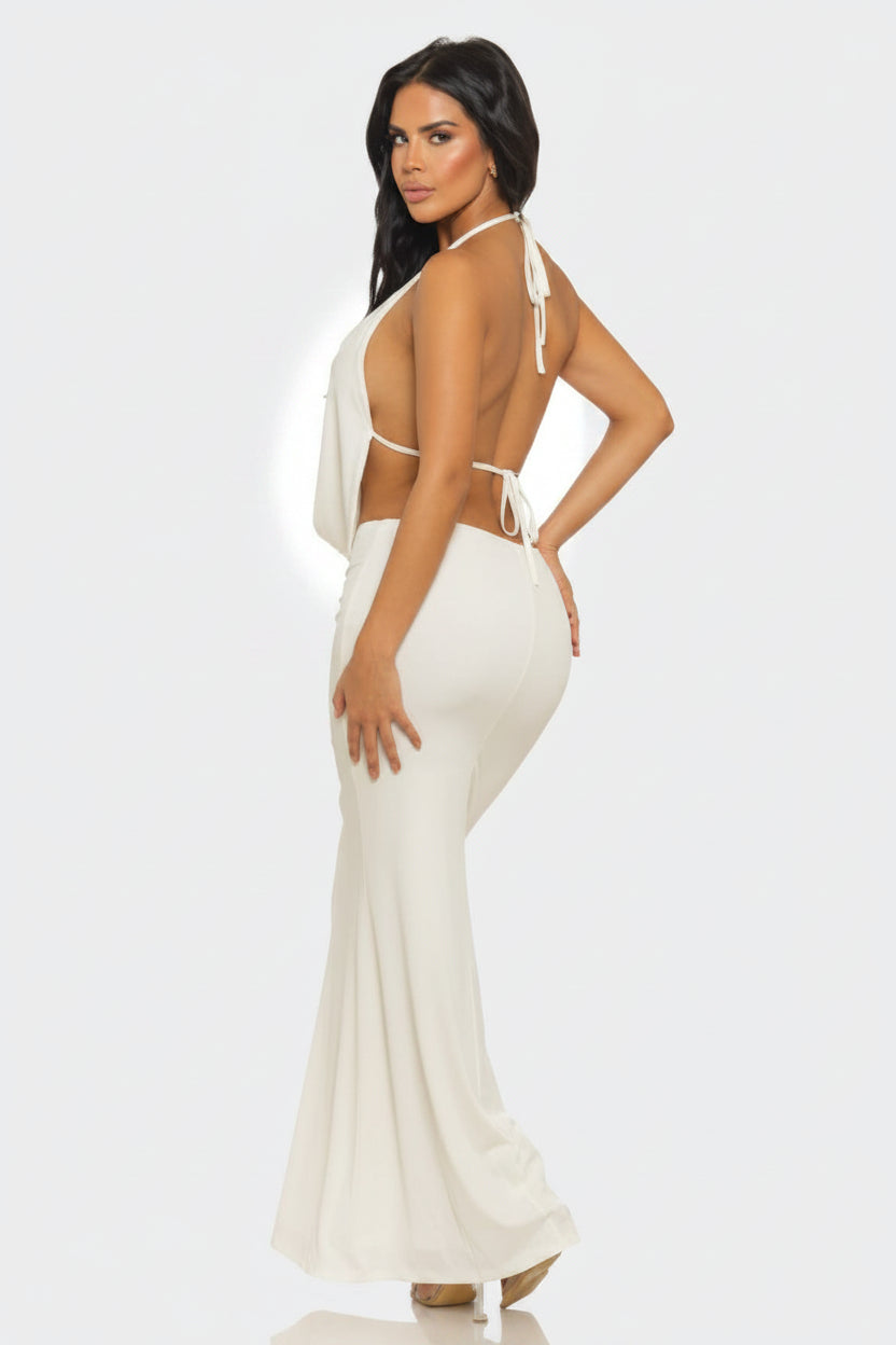 Pearl-Embellished Draped-Neck Backless Maxi Dress