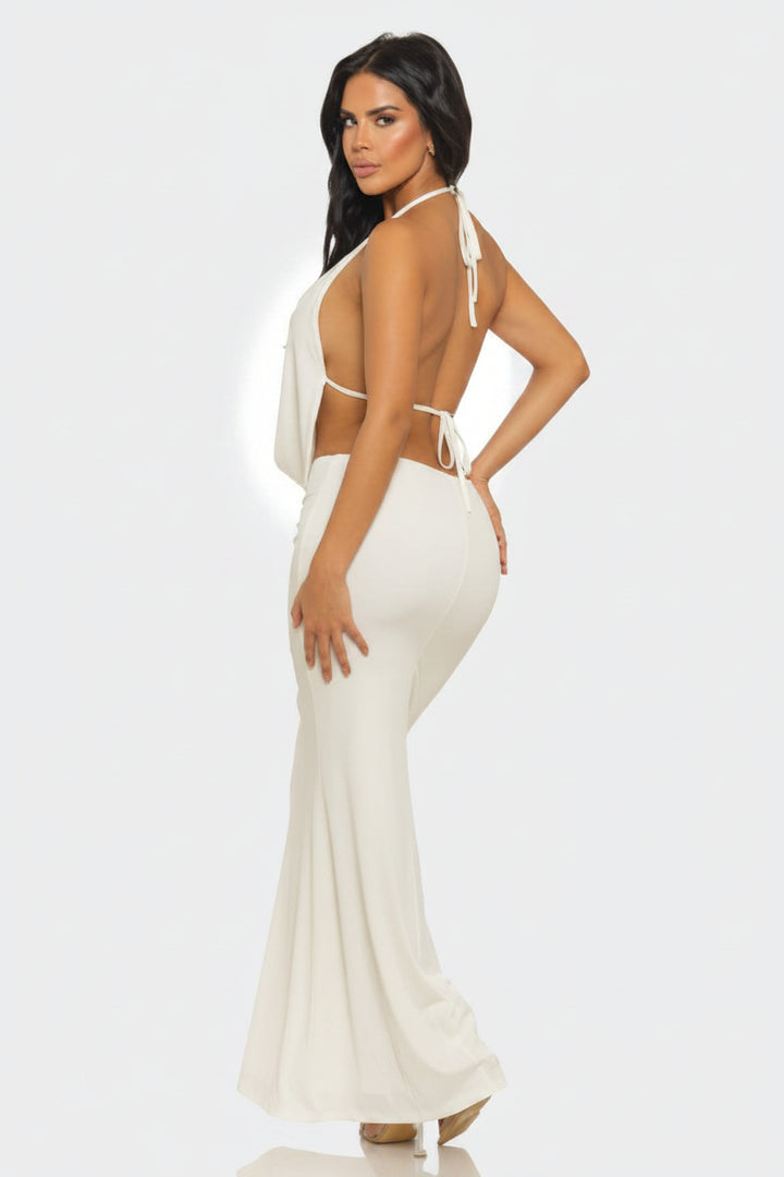 Pearl-Embellished Draped-Neck Backless Maxi Dress