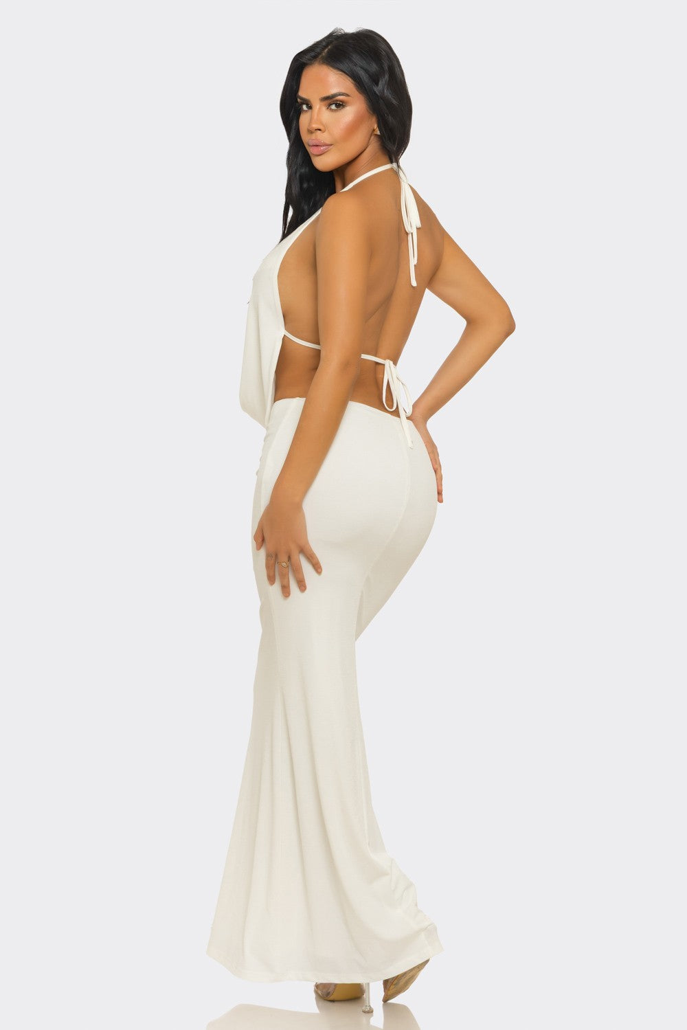 Pearl-Embellished Draped-Neck Backless Maxi Dress