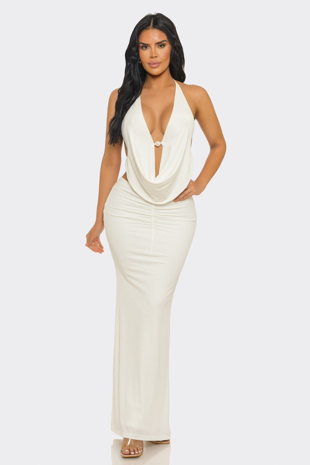 Pearl-Embellished Draped-Neck Backless Maxi Dress
