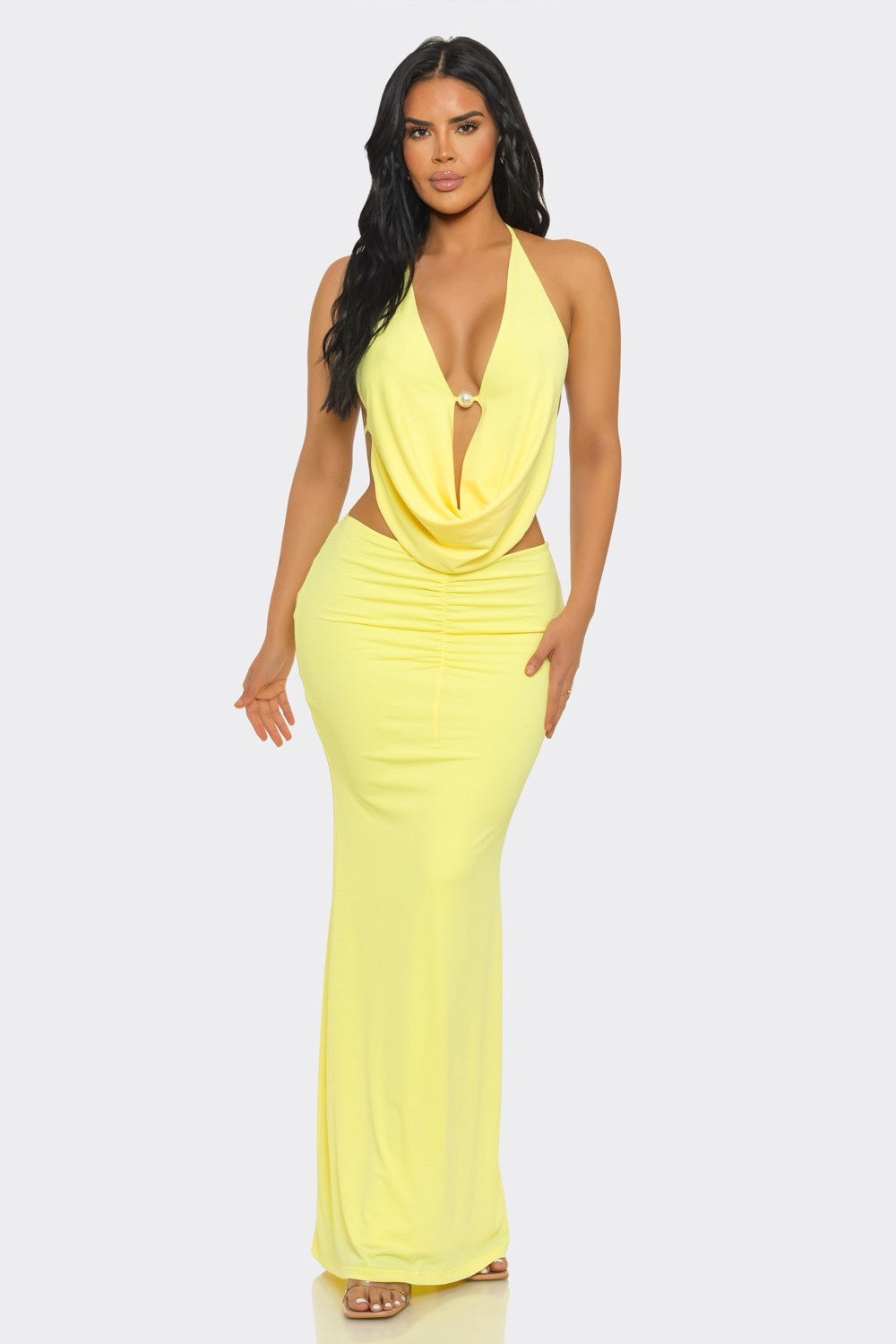 Pearl-Embellished Draped-Neck Backless Maxi Dress