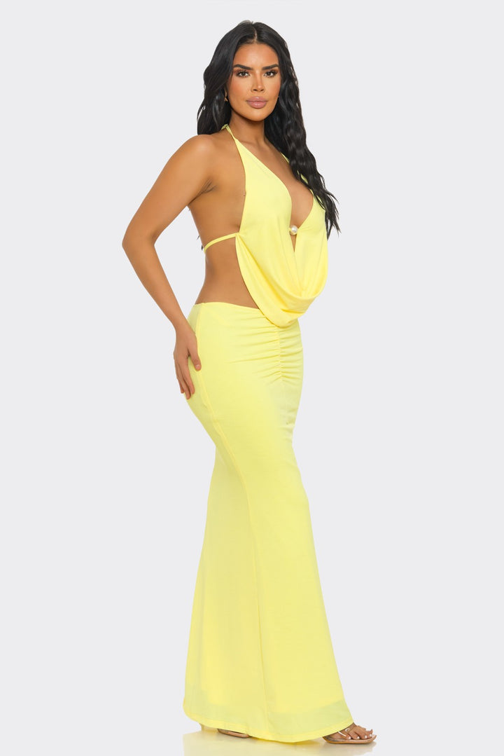 Pearl-Embellished Draped-Neck Backless Maxi Dress