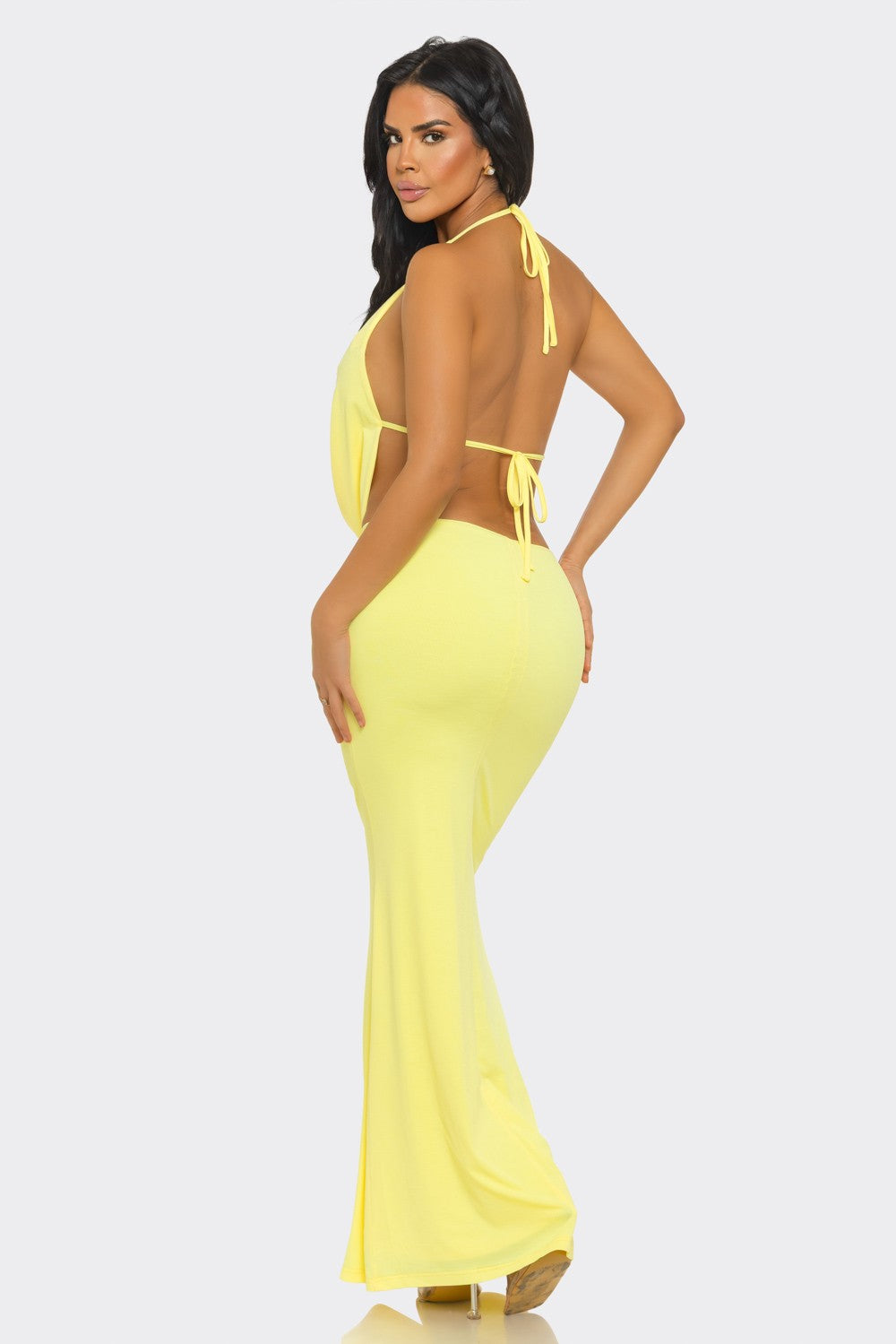 Pearl-Embellished Draped-Neck Backless Maxi Dress