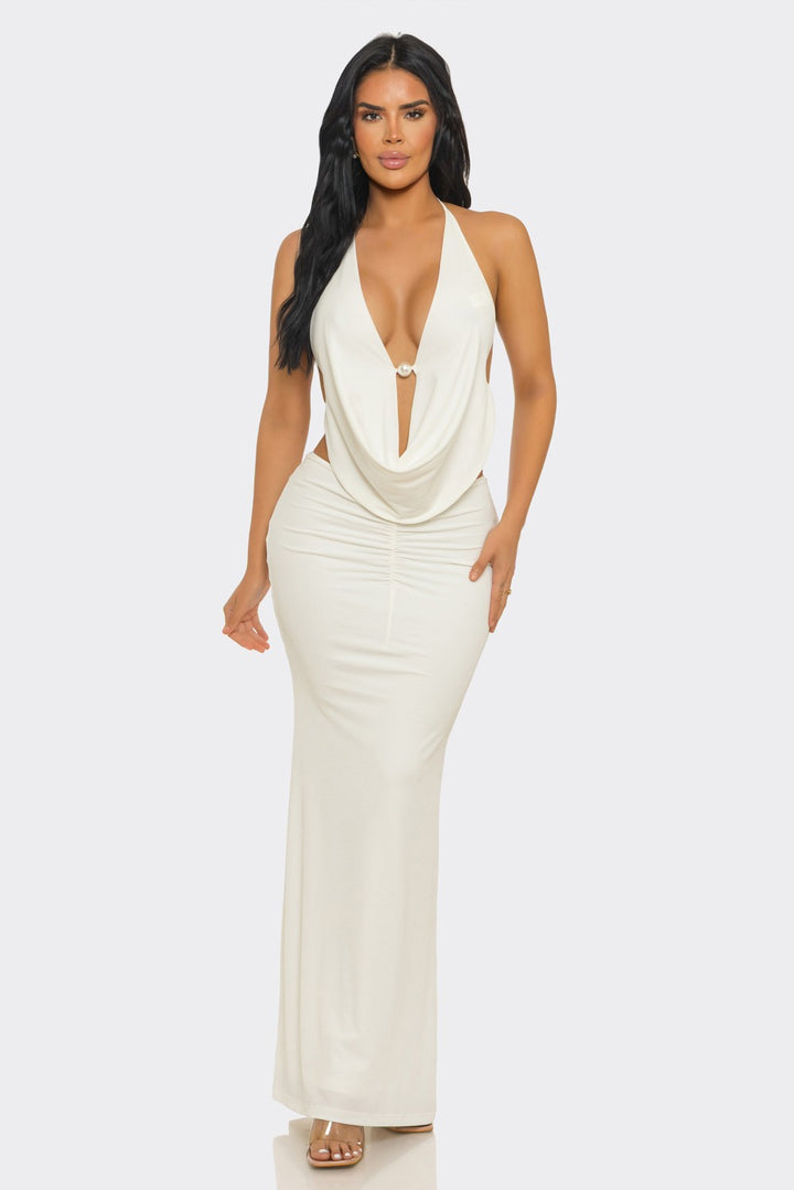 Pearl-Embellished Draped-Neck Backless Maxi Dress