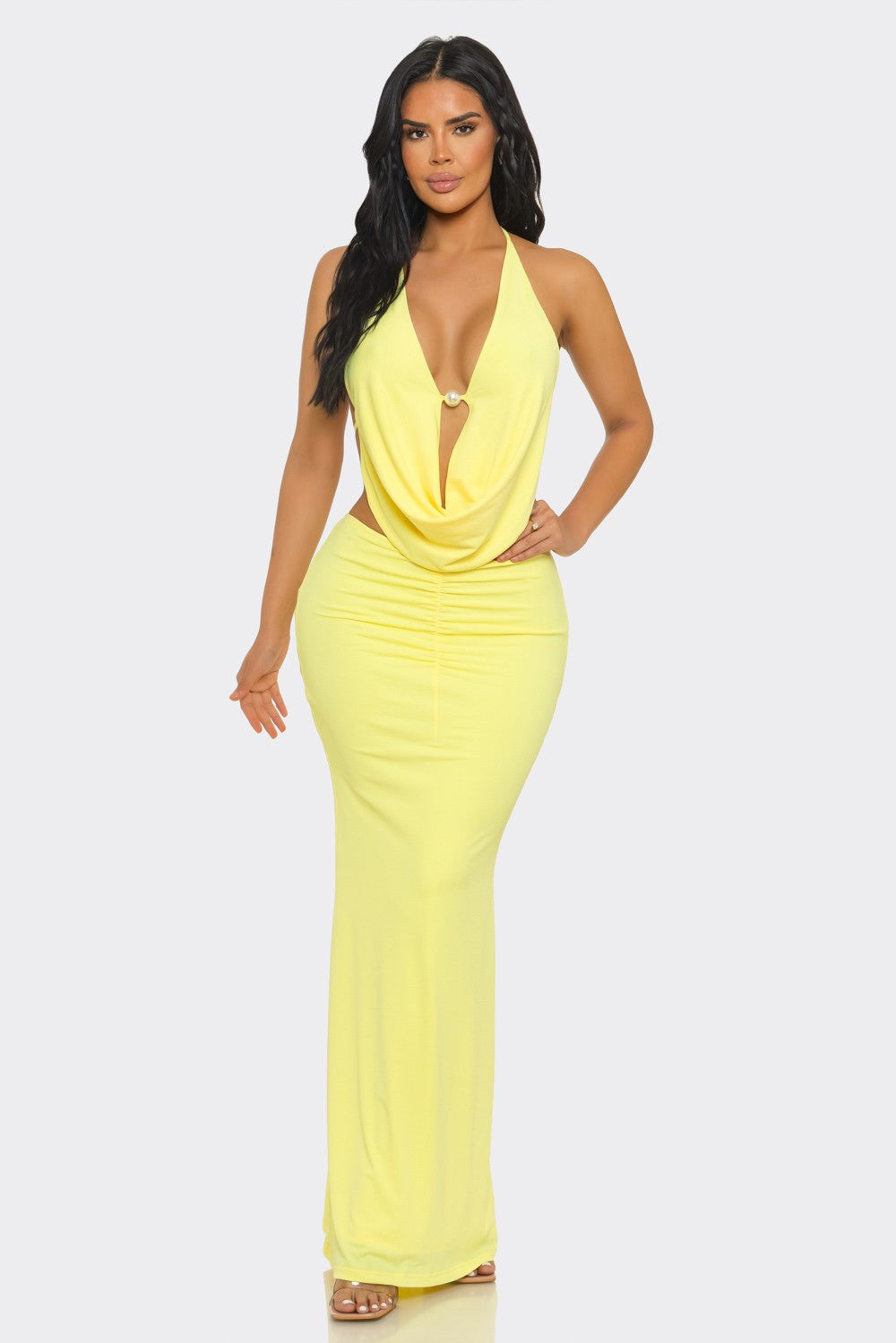 Pearl-Embellished Draped-Neck Backless Maxi Dress
