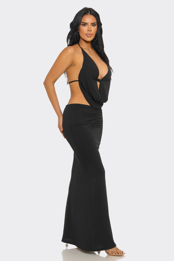 Pearl-Embellished Draped-Neck Backless Maxi Dress