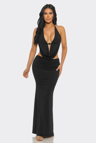 Pearl-Embellished Draped-Neck Backless Maxi Dress