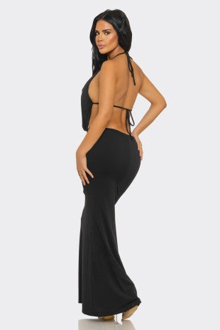 Pearl-Embellished Draped-Neck Backless Maxi Dress