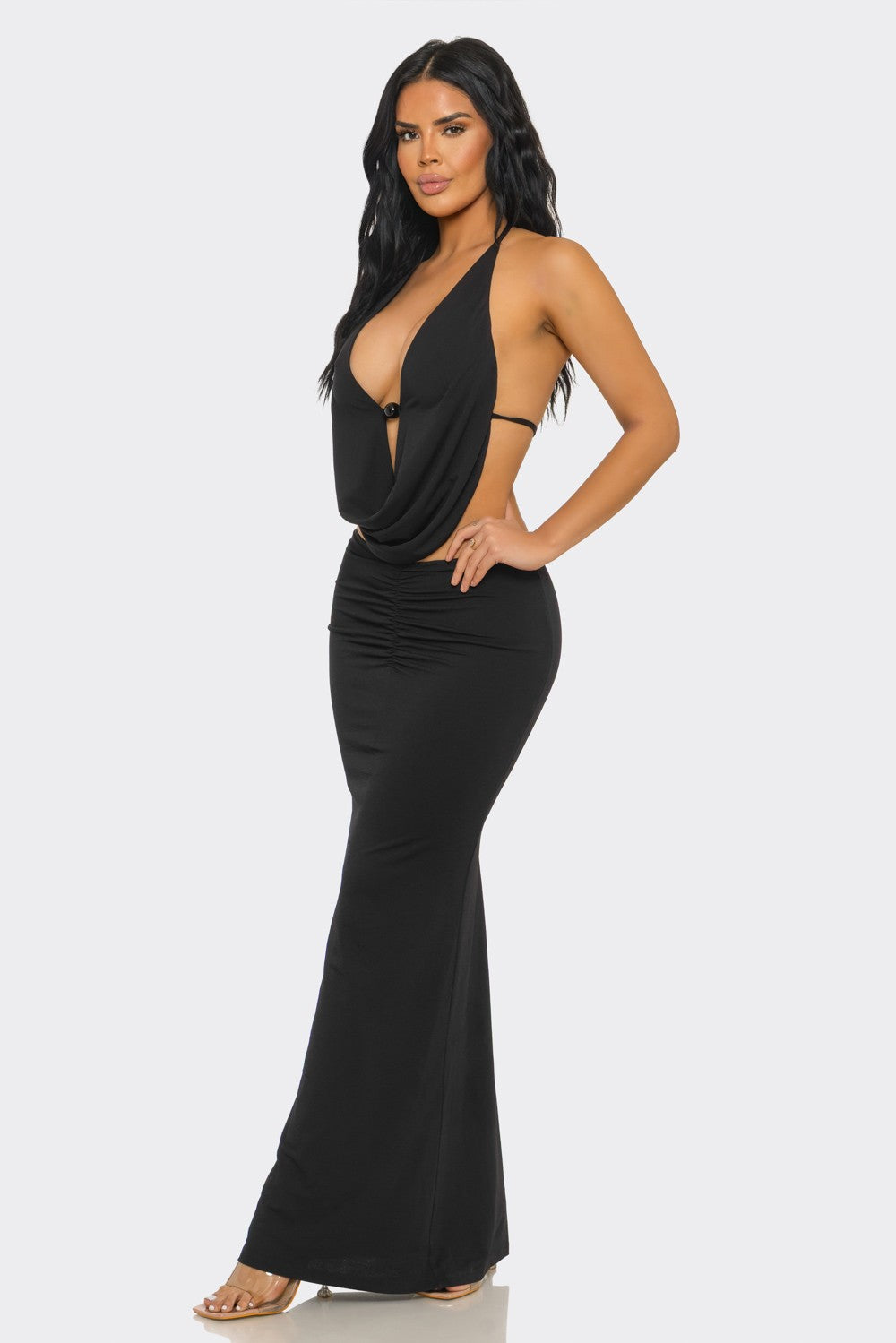 Pearl-Embellished Draped-Neck Backless Maxi Dress
