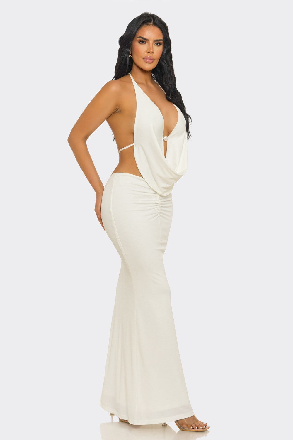 Pearl-Embellished Draped-Neck Backless Maxi Dress
