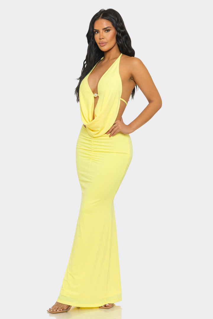 Pearl-Embellished Draped-Neck Backless Maxi Dress