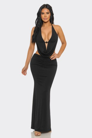 Pearl-Embellished Draped-Neck Backless Maxi Dress