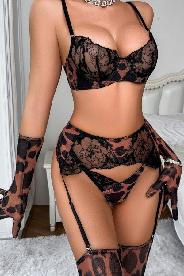 Women Leopard Lace Lingerie Bra Panty 5 Piece Set