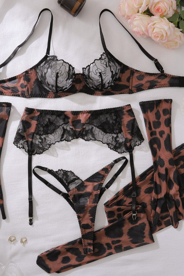 Women Leopard Lace Lingerie Bra Panty 5 Piece Set