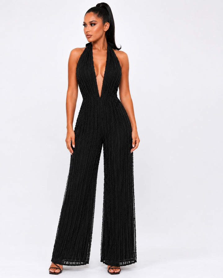 Women's Textured Plunge Halter Wide-Leg Jumpsuit