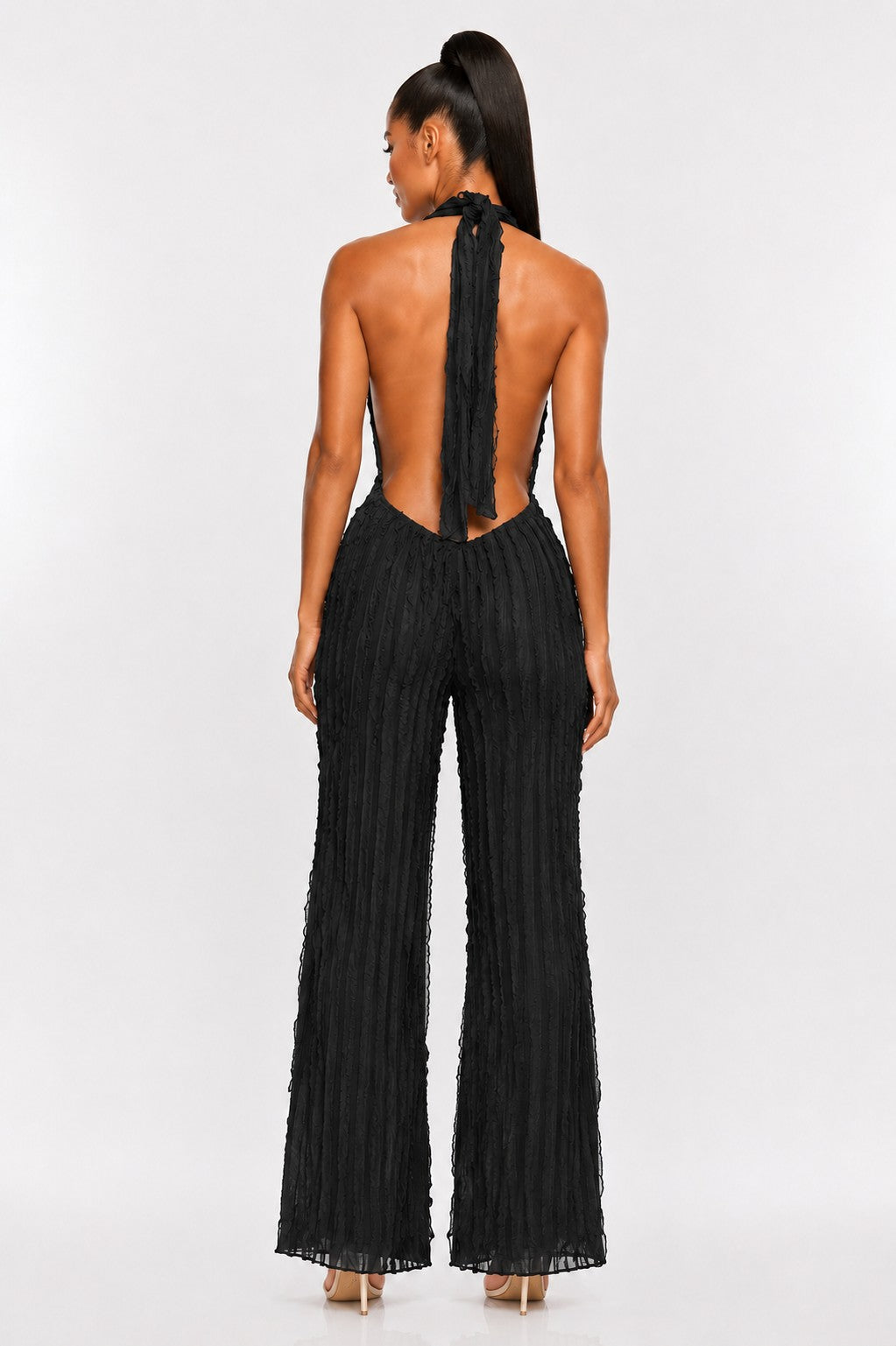 Women's Textured Plunge Halter Wide-Leg Jumpsuit