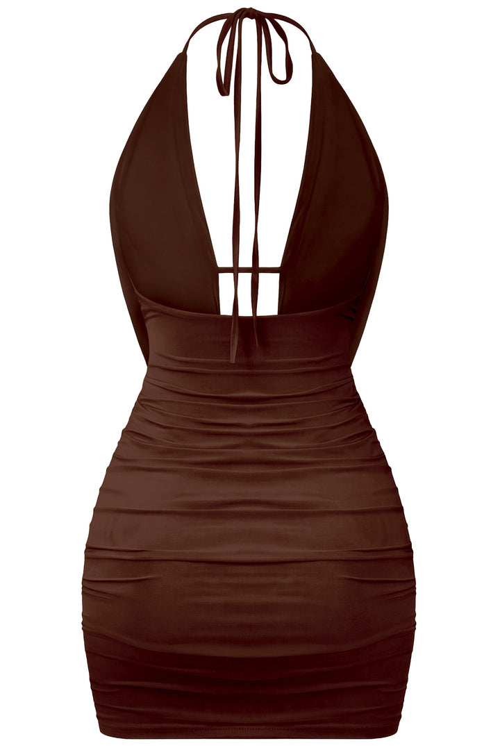 Sleeveless Halter Open Back Ruched Mini Dress