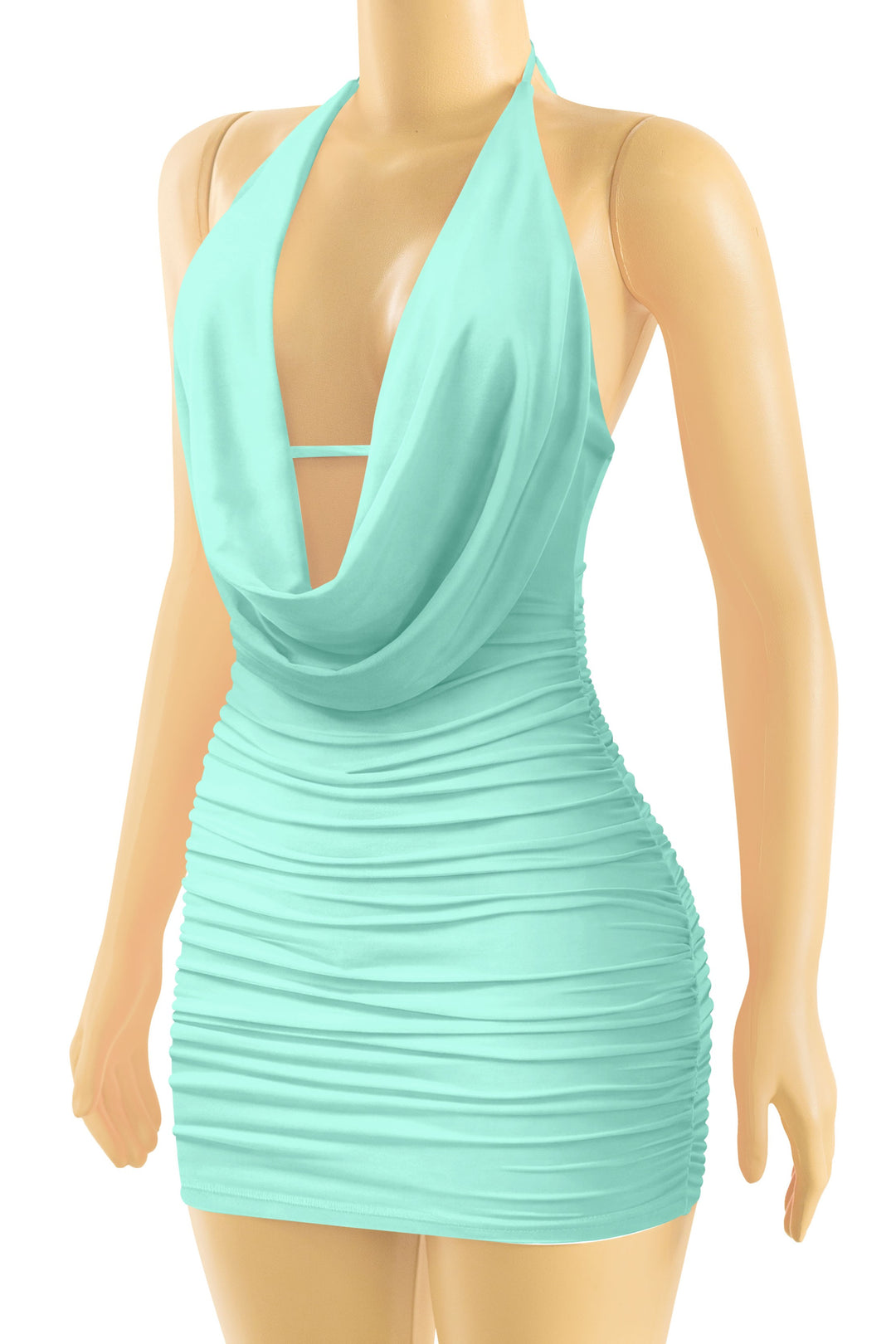 Sleeveless Halter Open Back Ruched Mini Dress