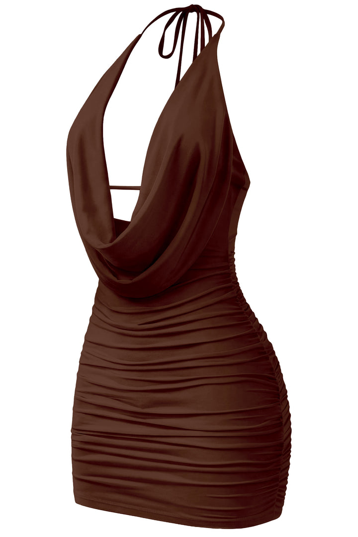 Sleeveless Halter Open Back Ruched Mini Dress