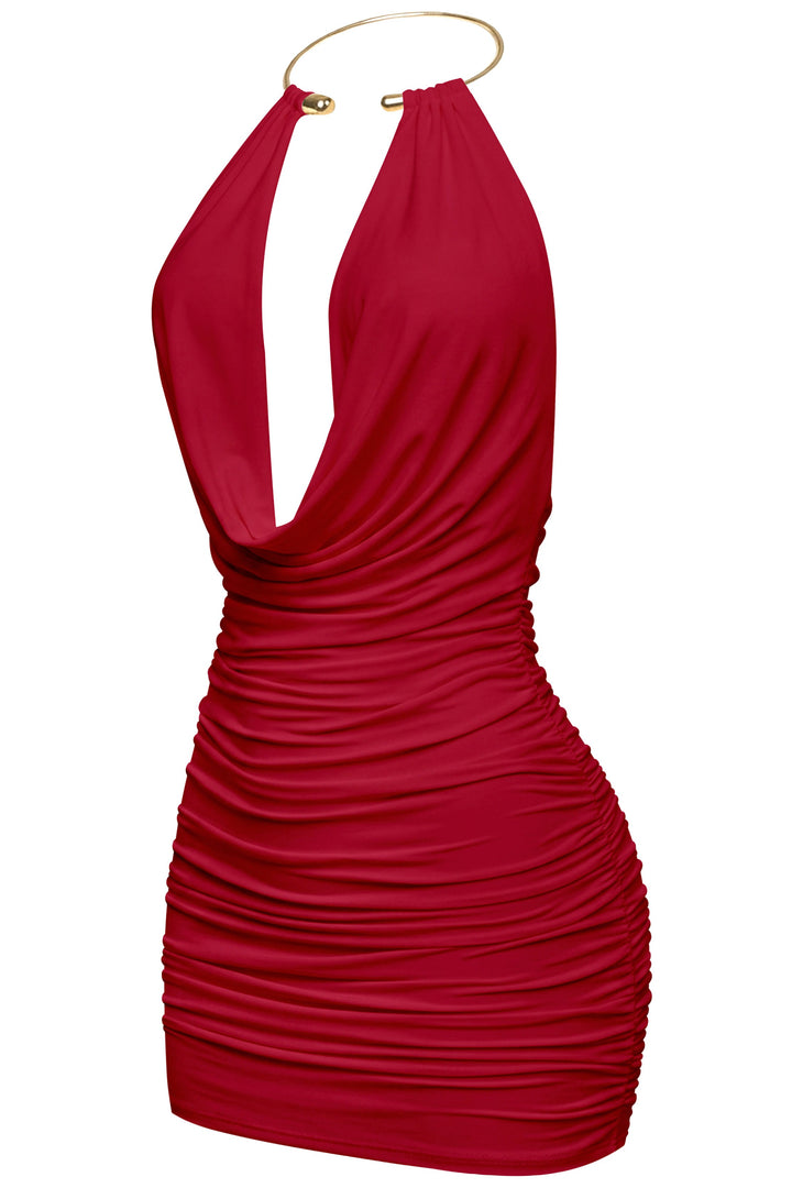 Sleeveless Gold Cuff Halter Mini Dress