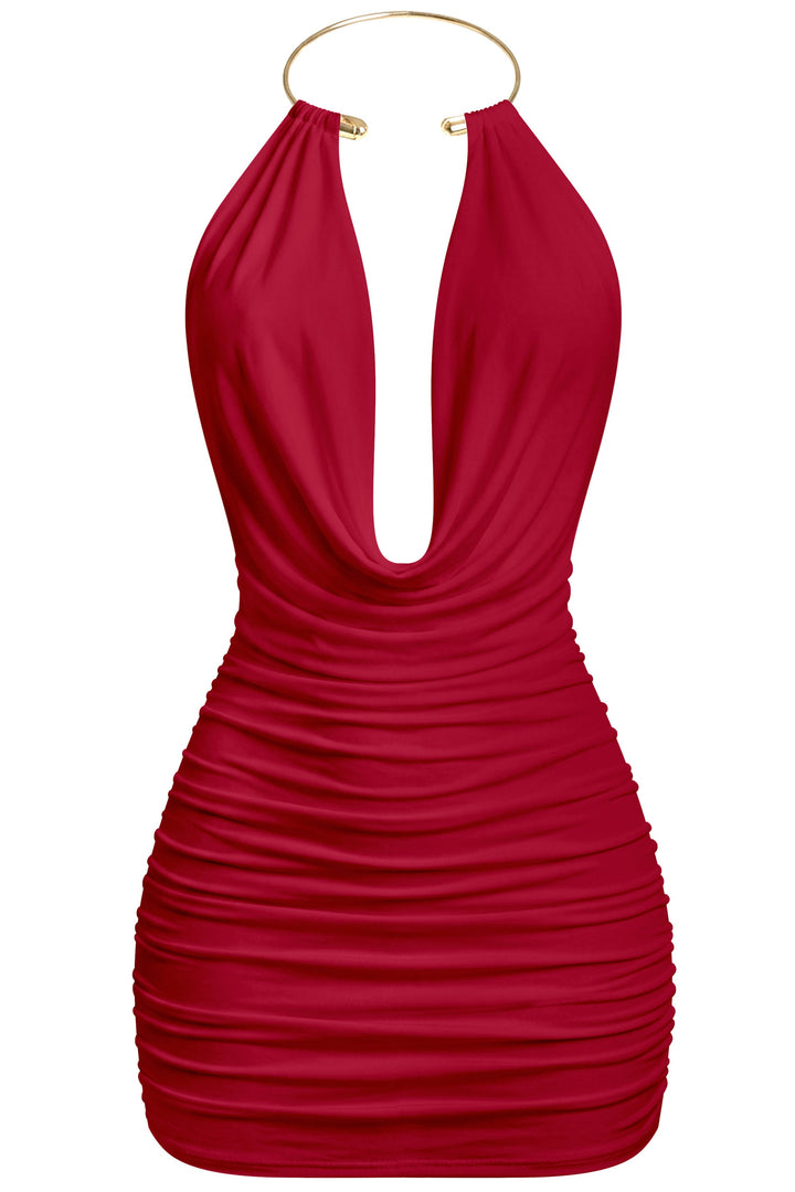 Sleeveless Gold Cuff Halter Mini Dress