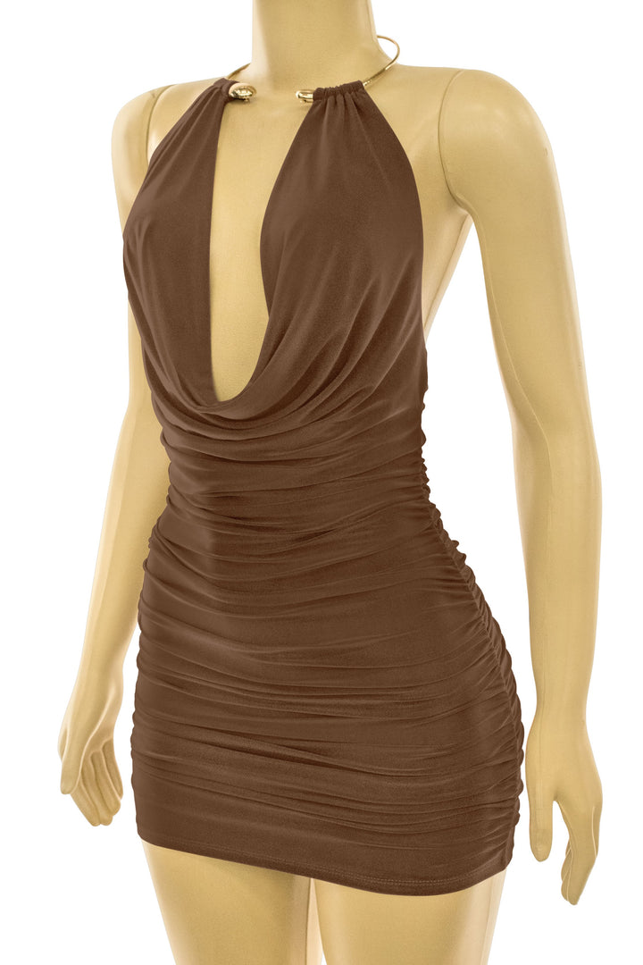Sleeveless Gold Cuff Halter Mini Dress