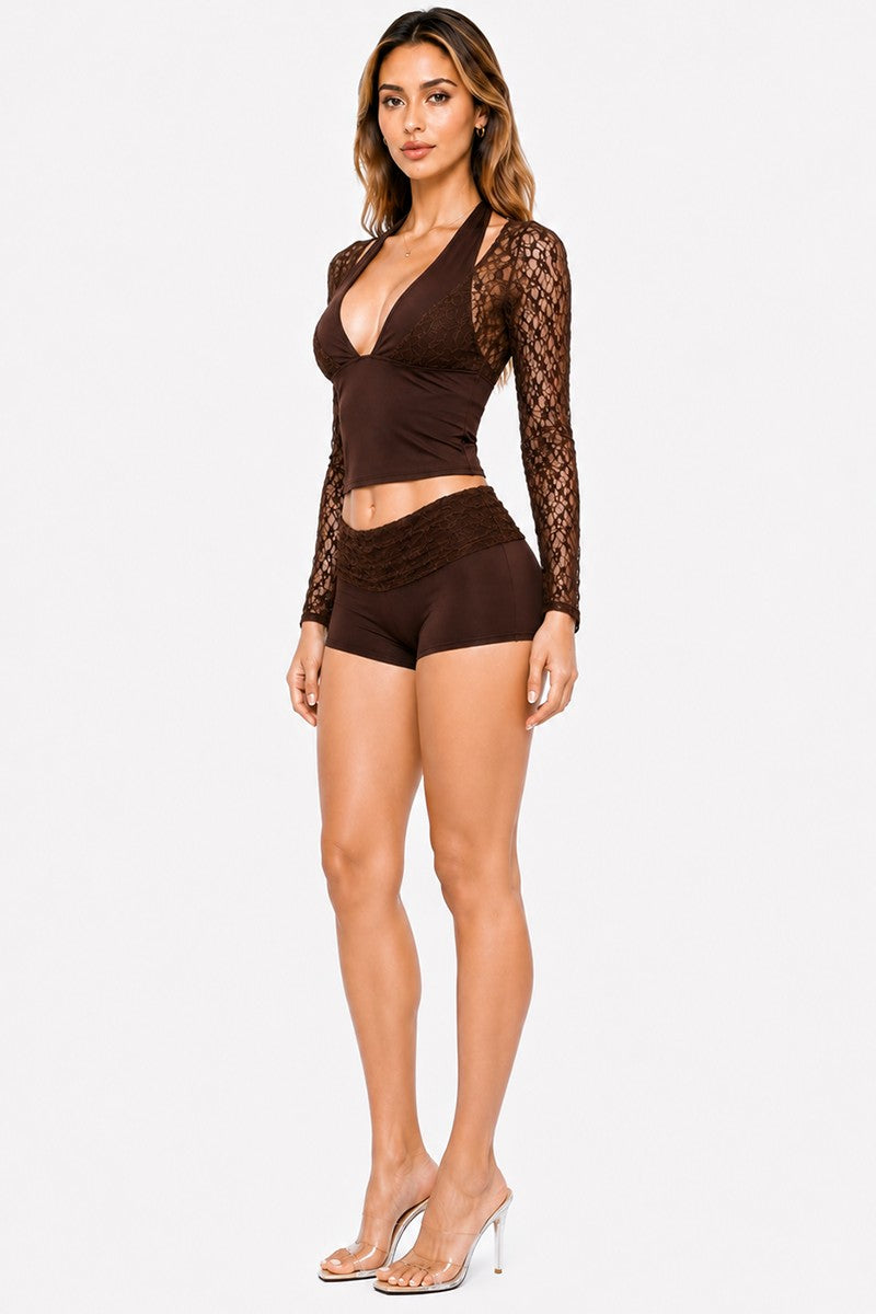 Halter Neck Lace Top and Shorts Set