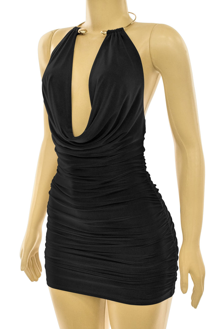 Sleeveless Gold Cuff Halter Mini Dress