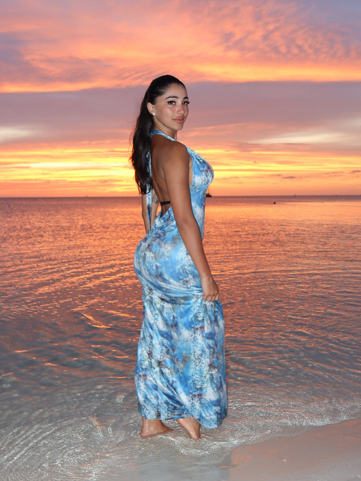 Printed V-Neck Halter Neck Maxi Dress