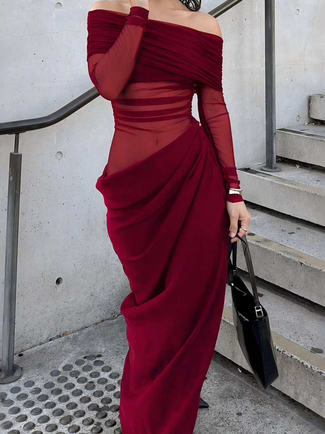 Off-Shoulder Long Sleeve Ruched Bodycon Maxi Dress