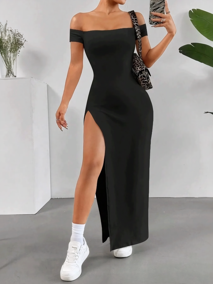 Off-Shoulder High Slit Bodycon Maxi Dress