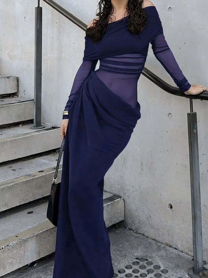 Off-Shoulder Long Sleeve Ruched Bodycon Maxi Dress