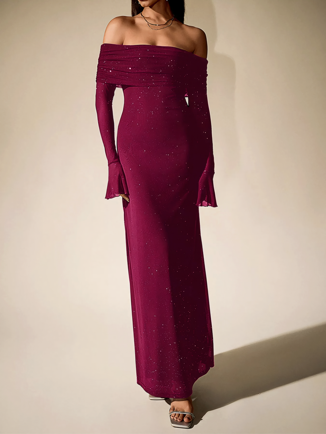 Glitter Off-Shoulder Maxi Dress