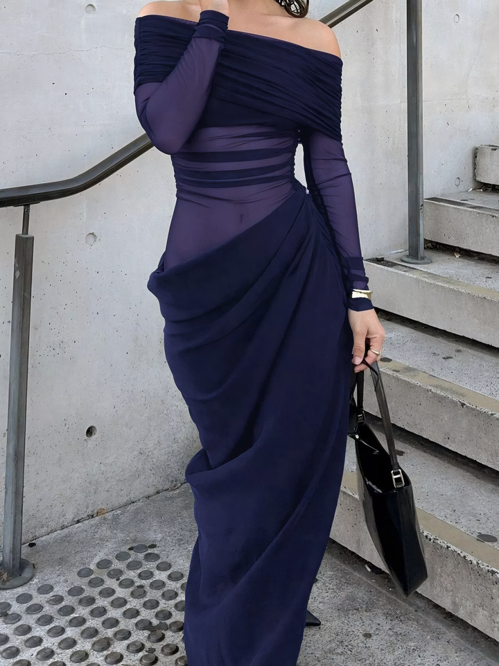 Off-Shoulder Long Sleeve Ruched Bodycon Maxi Dress