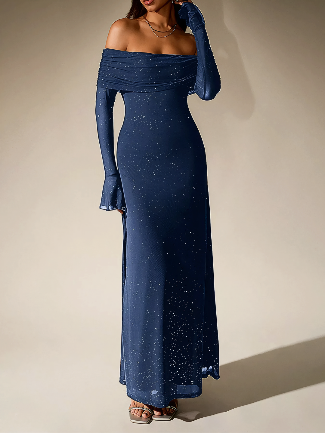 Glitter Off-Shoulder Maxi Dress