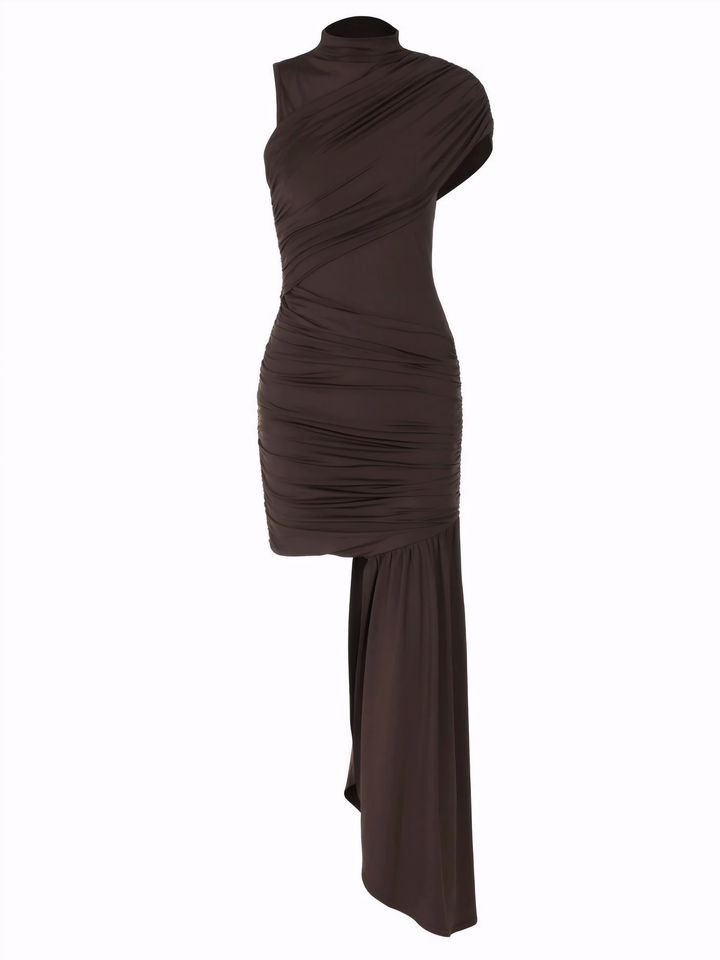 Asymmetrical Ruched Mock Neck Dress