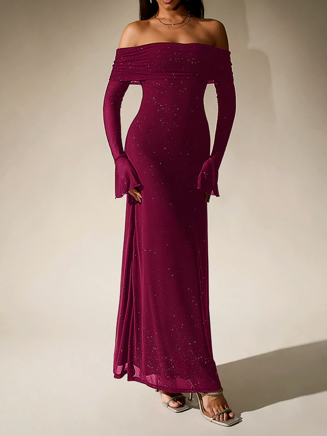 Glitter Off-Shoulder Maxi Dress