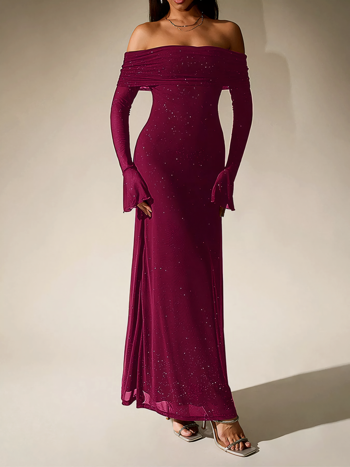 Glitter Off-Shoulder Maxi Dress