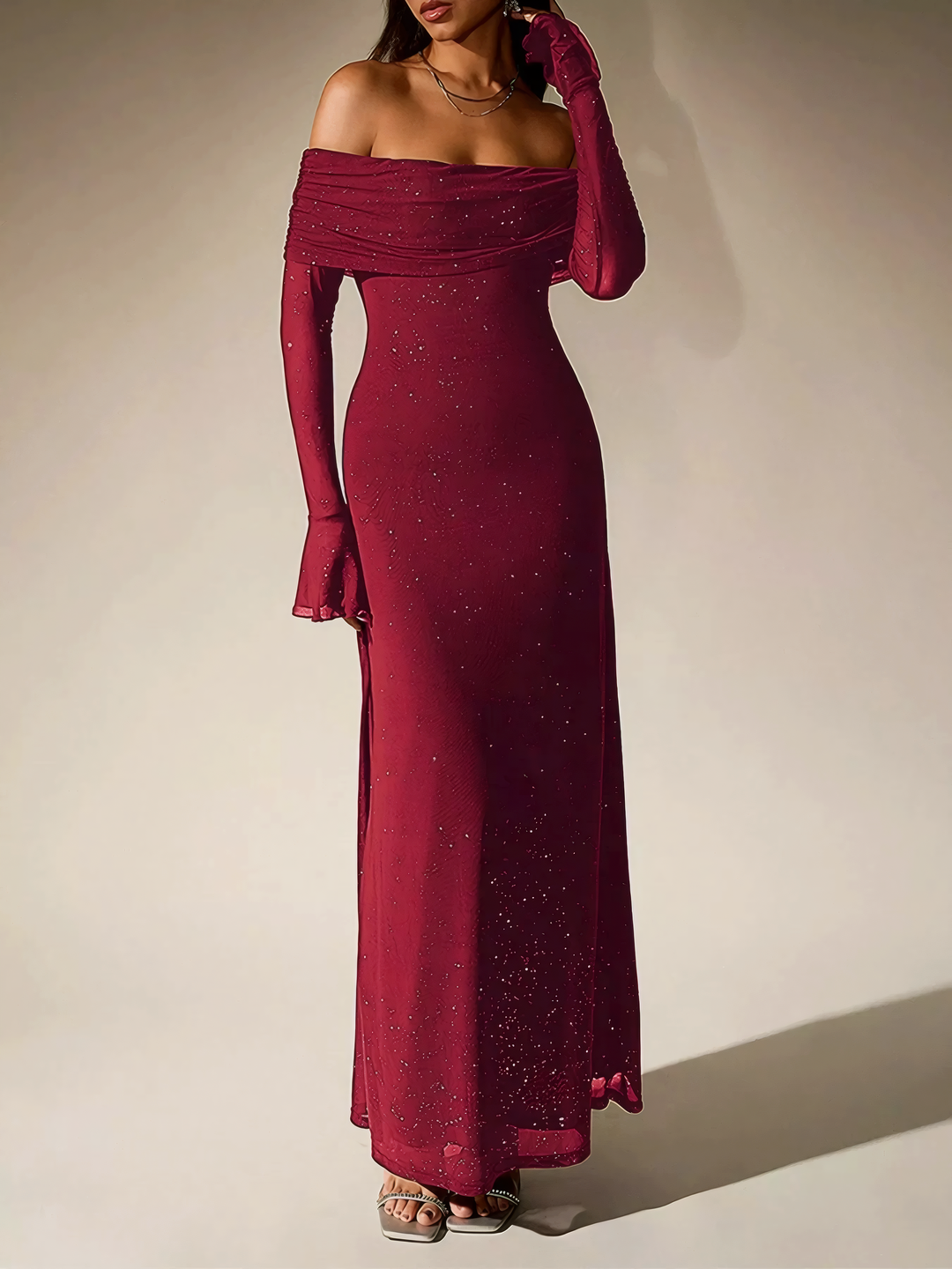 Glitter Off-Shoulder Maxi Dress