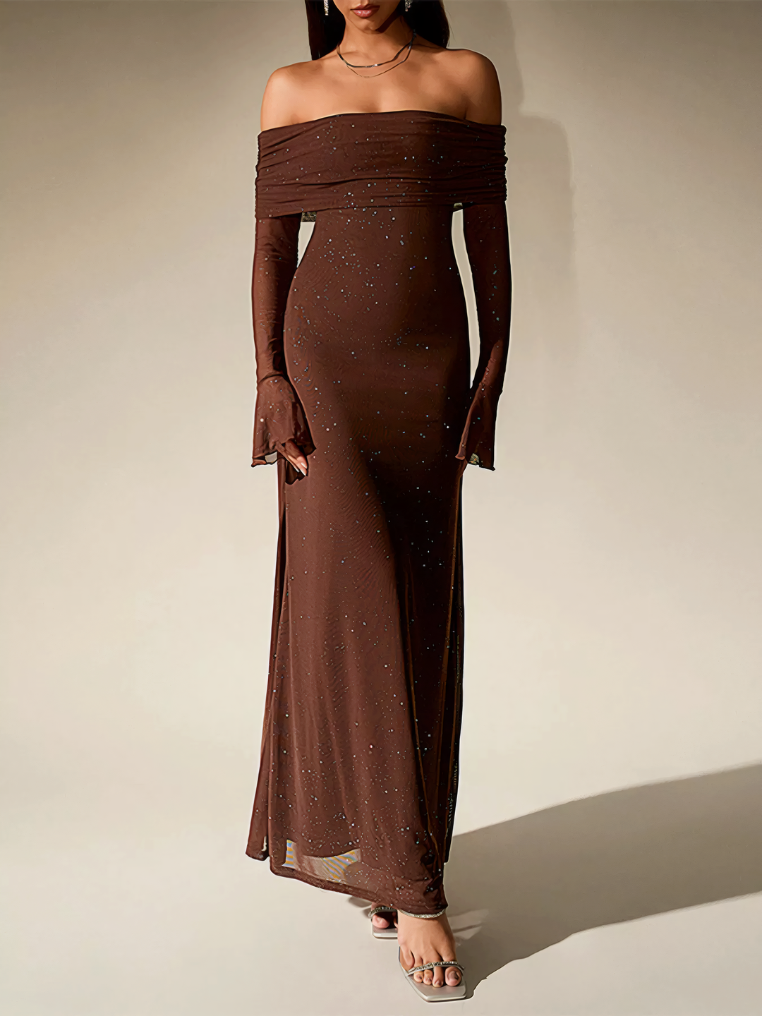 Glitter Off-Shoulder Maxi Dress