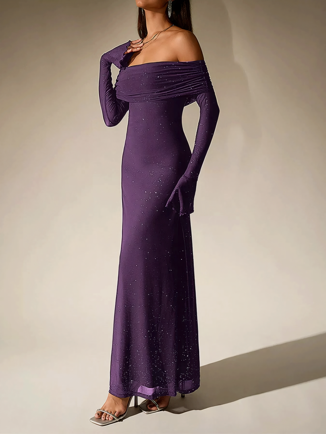 Glitter Off-Shoulder Maxi Dress