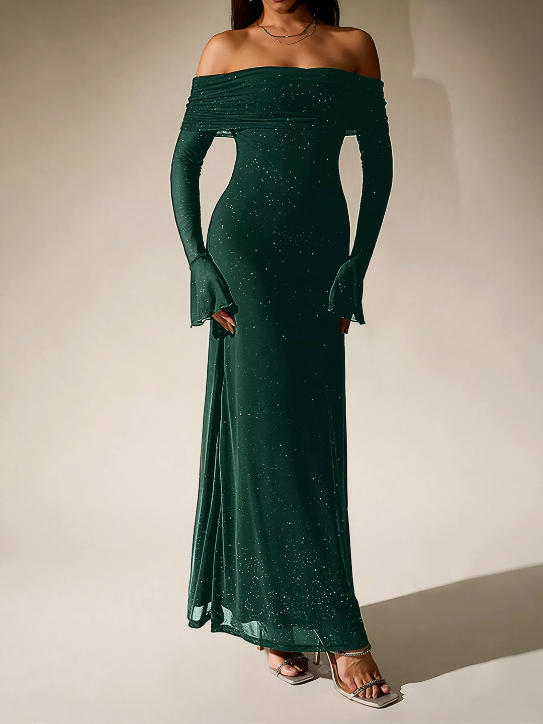 Glitter Off-Shoulder Maxi Dress