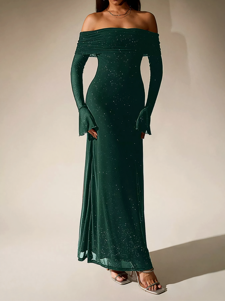 Glitter Off-Shoulder Maxi Dress