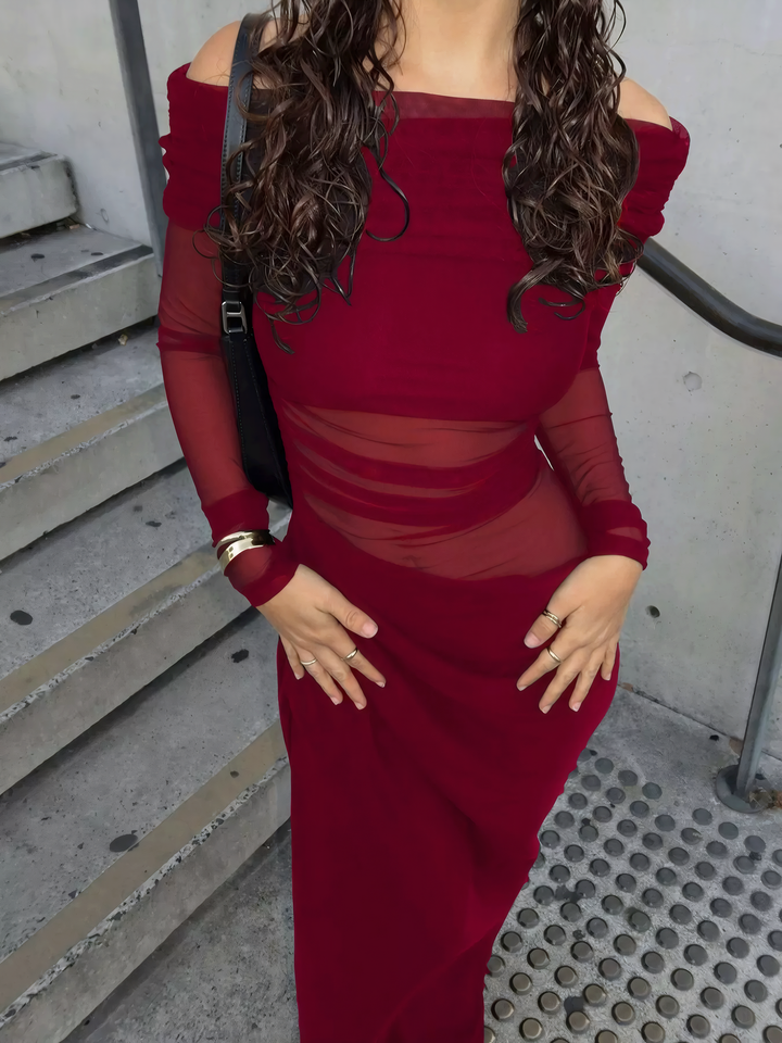 Off-Shoulder Long Sleeve Ruched Bodycon Maxi Dress