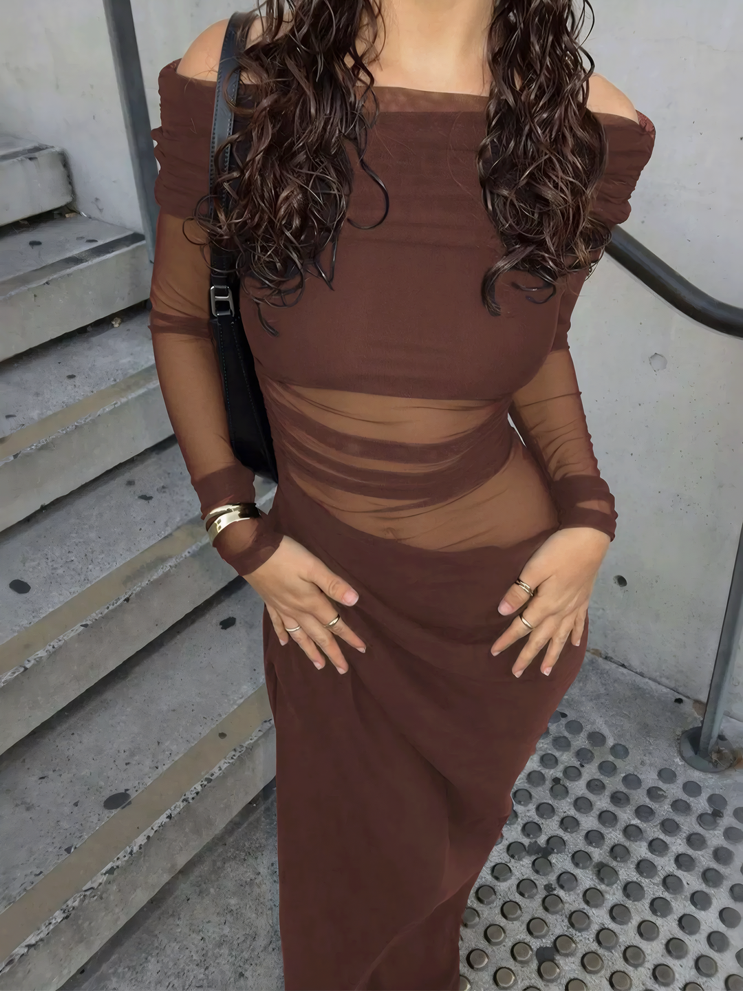 Off-Shoulder Long Sleeve Ruched Bodycon Maxi Dress