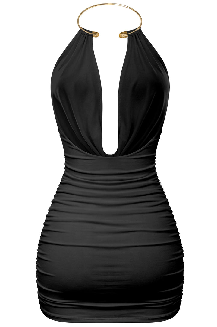 Sleeveless Gold Cuff Halter Mini Dress