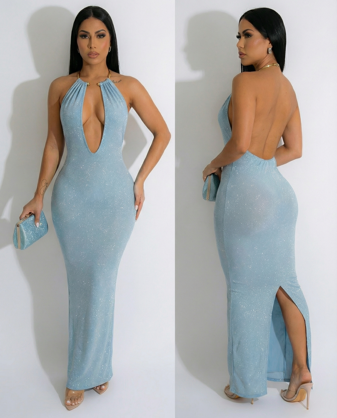 Glitter Halter Necklace Trim Long Dress